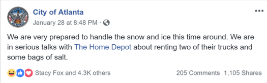 City of Atlanta Spoof Account jests about possibility of Snowpocalype